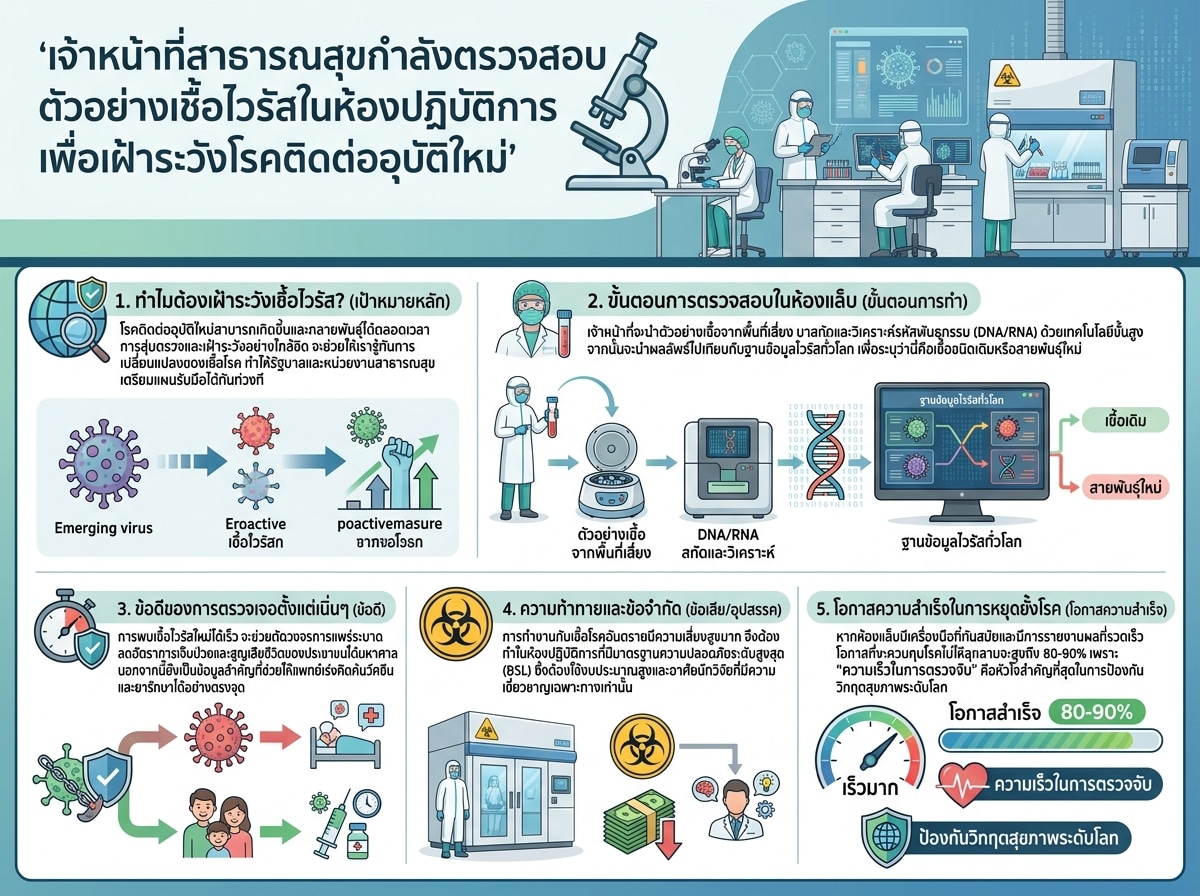 เจ้าหน้าที่สาธารณสุขกำลังตรวจสอบตัวอย่างเชื้อไวรัสในห้องปฏิบัติการเพื่อเฝ้าระวังโรคติดต่ออุบัติใหม่