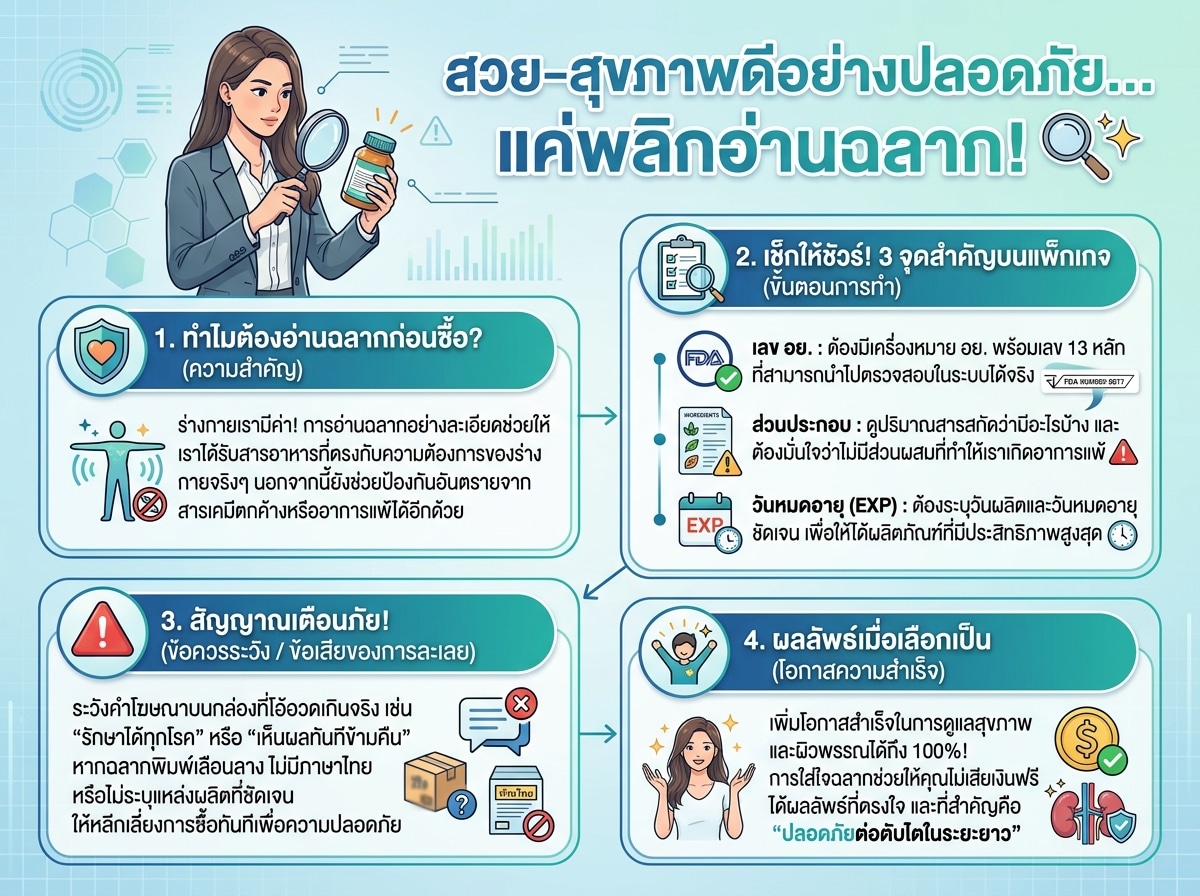 ผู้หญิงกำลังตรวจสอบฉลากผลิตภัณฑ์เสริมอาหารบนแพ็กเกจด้วยความระมัดระวัง