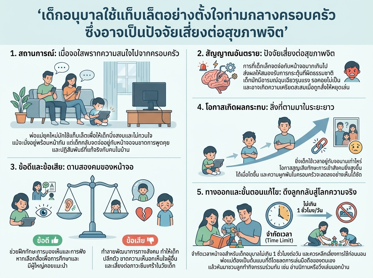 เด็กอนุบาลใช้แท็บเล็ตอย่างตั้งใจท่ามกลางครอบครัว ซึ่งอาจเป็นปัจจัยเสี่ยงต่อสุขภาพจิต
