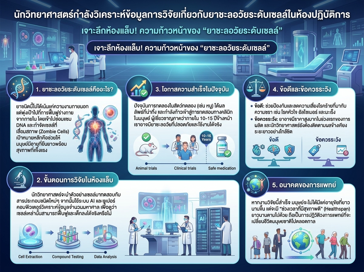 นักวิทยาศาสตร์กำลังวิเคราะห์ข้อมูลการวิจัยเกี่ยวกับยาชะลอวัยระดับเซลล์ในห้องปฏิบัติการ