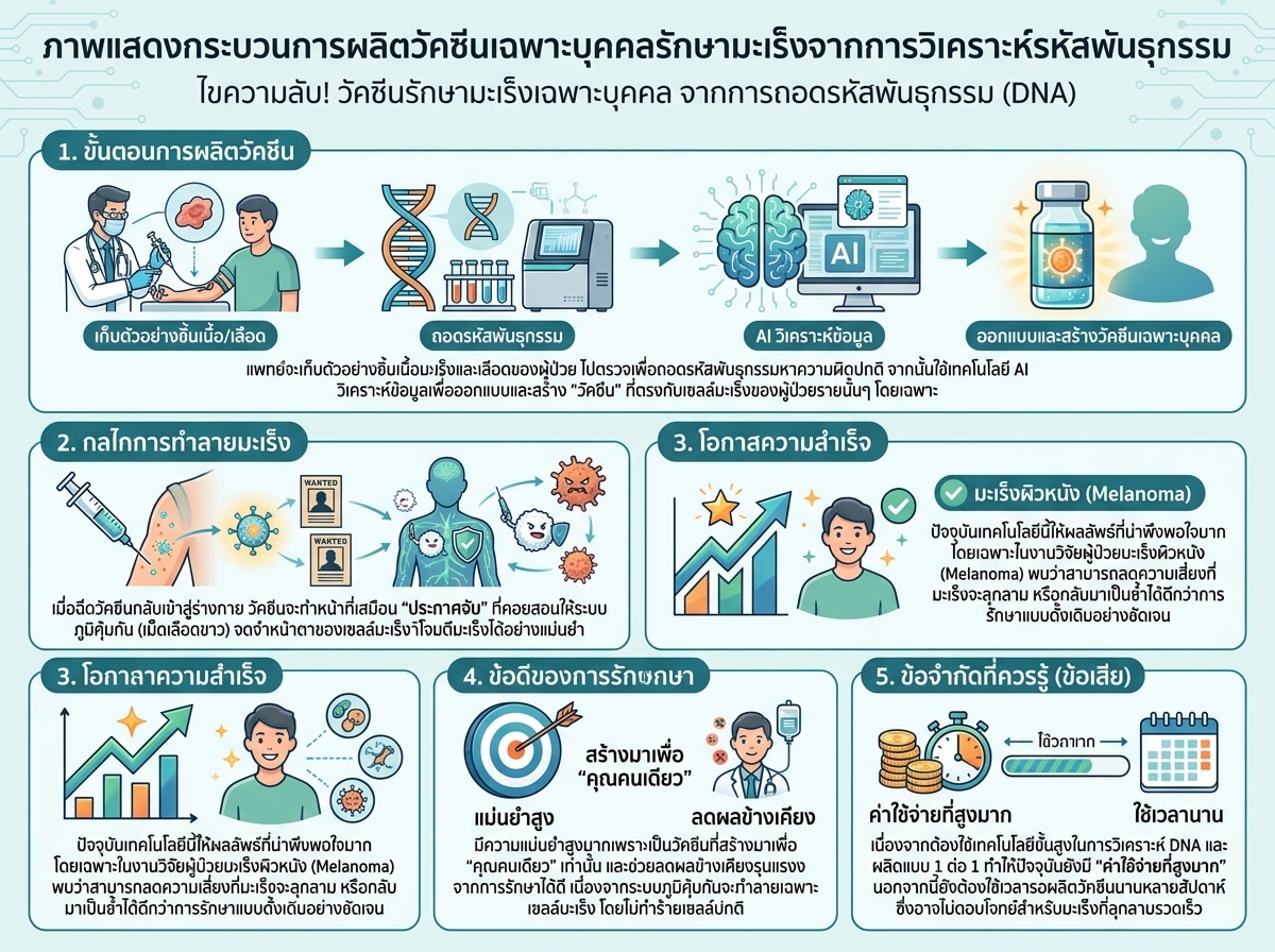 ภาพแสดงกระบวนการผลิตวัคซีนเฉพาะบุคคลรักษามะเร็งจากการวิเคราะห์รหัสพันธุกรรม