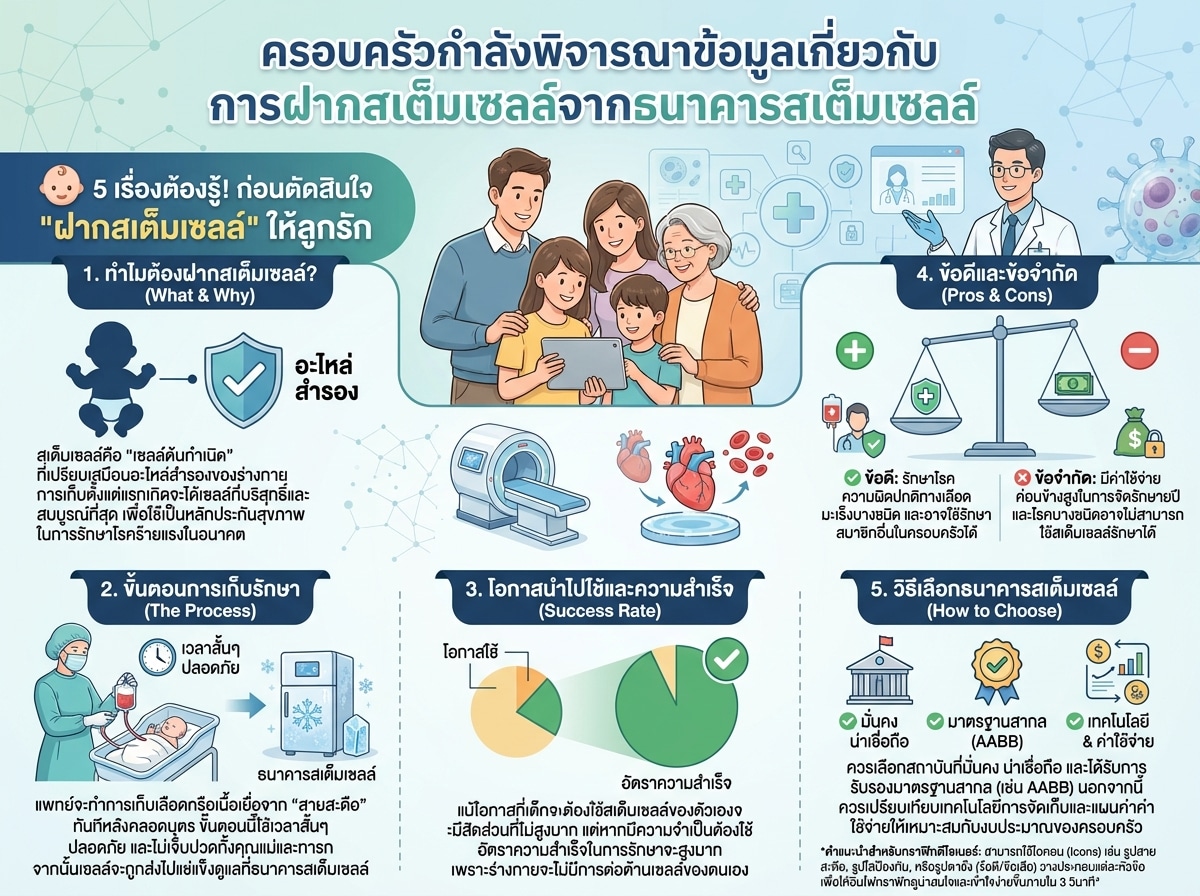 ครอบครัวกำลังพิจารณาข้อมูลเกี่ยวกับการฝากสเต็มเซลล์จากธนาคารสเต็มเซลล์