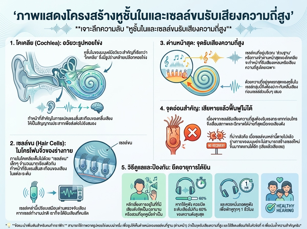 ภาพแสดงโครงสร้างหูชั้นในและเซลล์ขนรับเสียงความถี่สูง