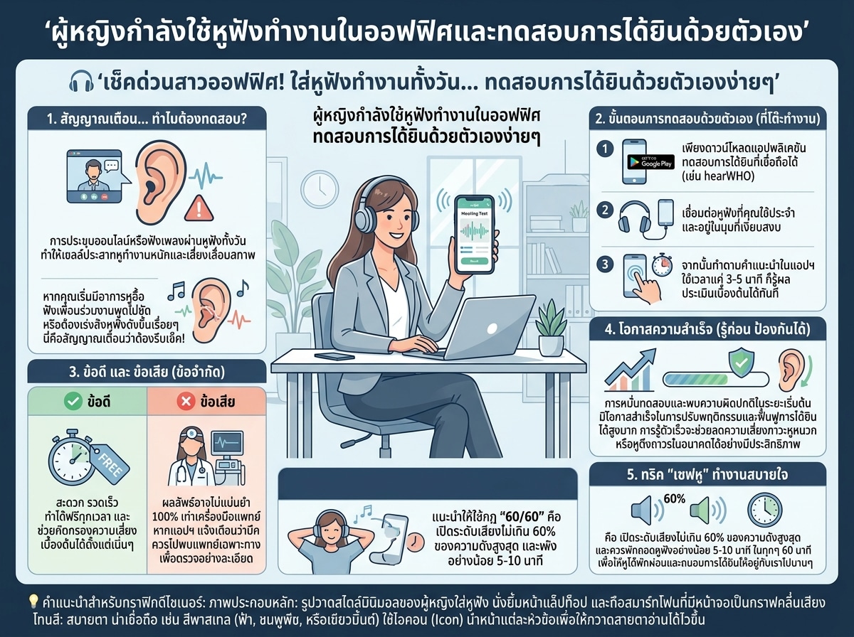 ผู้หญิงกำลังใช้หูฟังทำงานในออฟฟิศและทดสอบการได้ยินด้วยตัวเอง