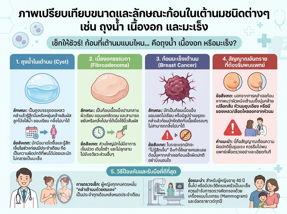 ภาพเปรียบเทียบขนาดและลักษณะก้อนในเต้านมชนิดต่างๆ เช่น ถุงน้ำ เนื้องอก และมะเร็ง