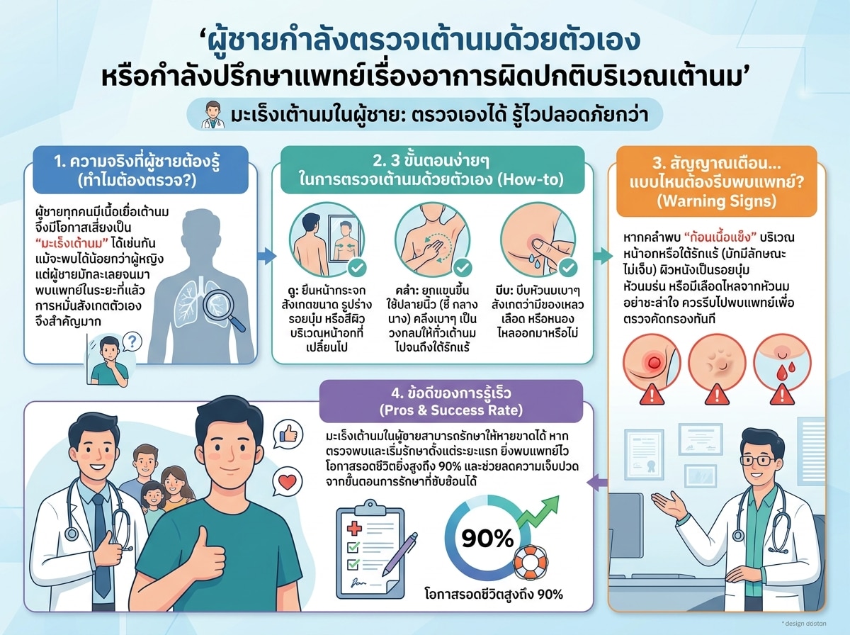 ผู้ชายกำลังตรวจเต้านมด้วยตัวเอง หรือกำลังปรึกษาแพทย์เรื่องอาการผิดปกติบริเวณเต้านม