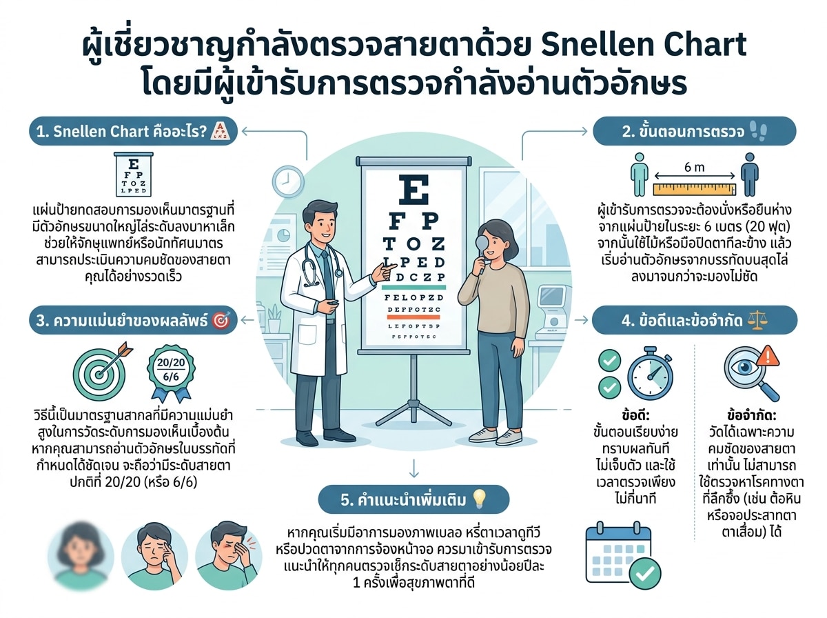 ผู้เชี่ยวชาญกำลังตรวจสายตาด้วย Snellen Chart โดยมีผู้เข้ารับการตรวจกำลังอ่านตัวอักษร