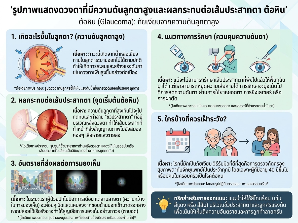รูปภาพแสดงดวงตาที่มีความดันลูกตาสูงและผลกระทบต่อเส้นประสาทตา ต้อหิน