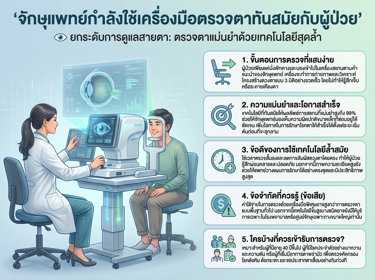 จักษุแพทย์กำลังใช้เครื่องมือตรวจตาทันสมัยกับผู้ป่วย