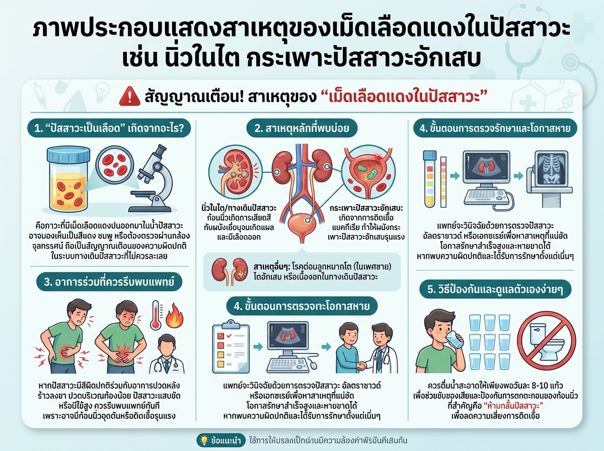 ภาพประกอบแสดงสาเหตุของเม็ดเลือดแดงในปัสสาวะ เช่น นิ่วในไต กระเพาะปัสสาวะอักเสบ