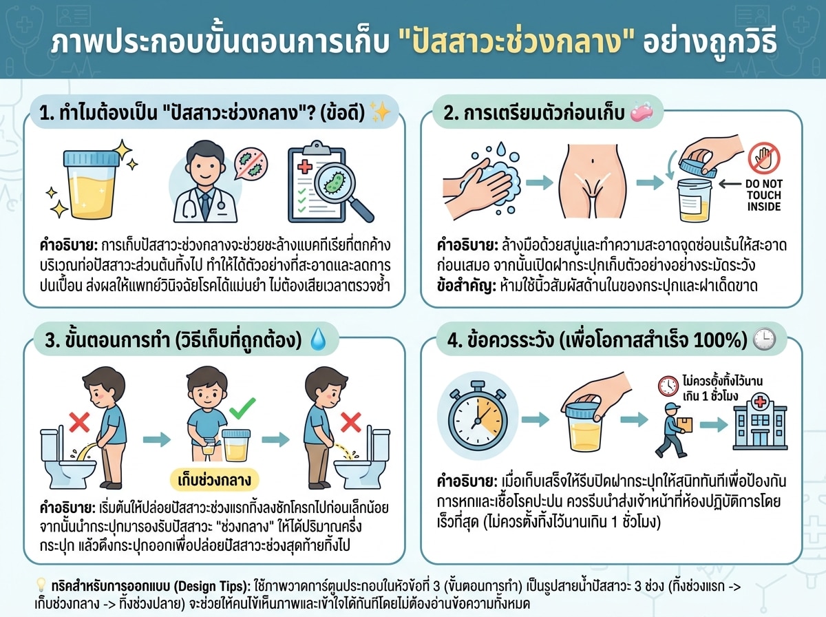 ภาพประกอบขั้นตอนการเก็บปัสสาวะช่วงกลางอย่างถูกวิธี