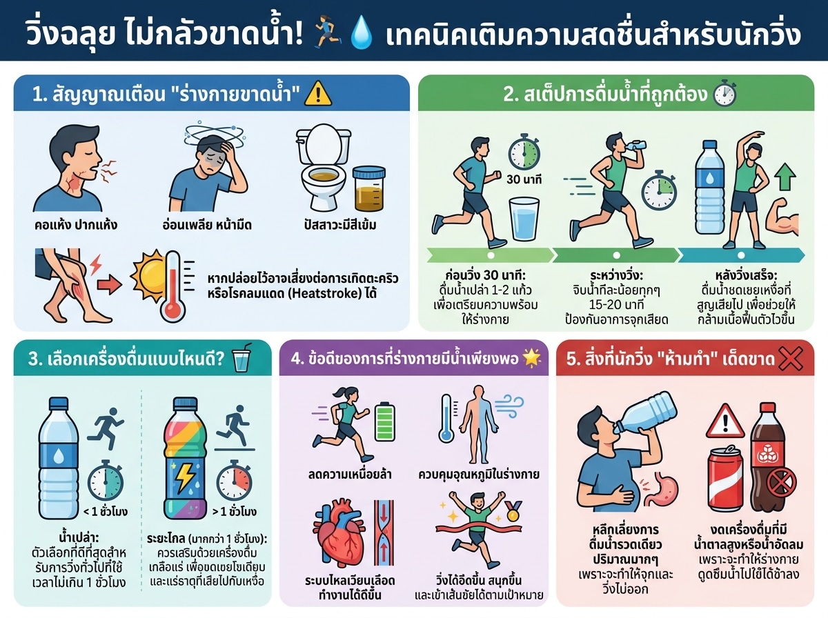 นักวิ่งที่กำลังดื่มน้ำเพื่อป้องกันภาวะขาดน้ำ
