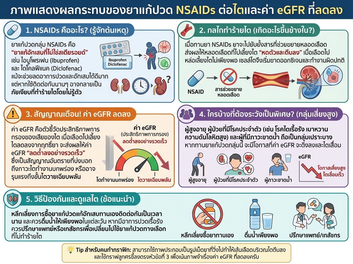 ภาพแสดงผลกระทบของยาแก้ปวด NSAIDs ต่อไตและค่า eGFR ที่ลดลง