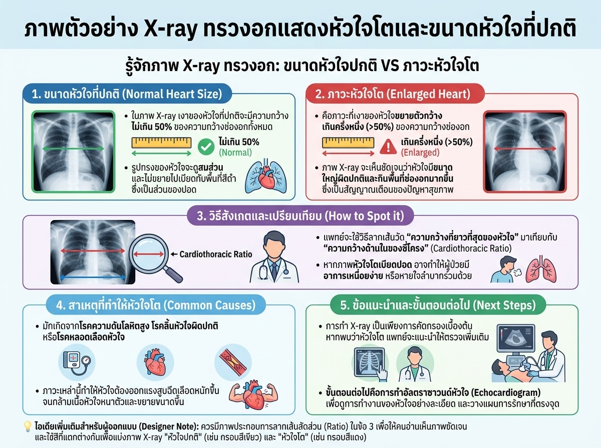 ภาพตัวอย่าง X-ray ทรวงอกแสดงหัวใจโตและขนาดหัวใจที่ปกติ