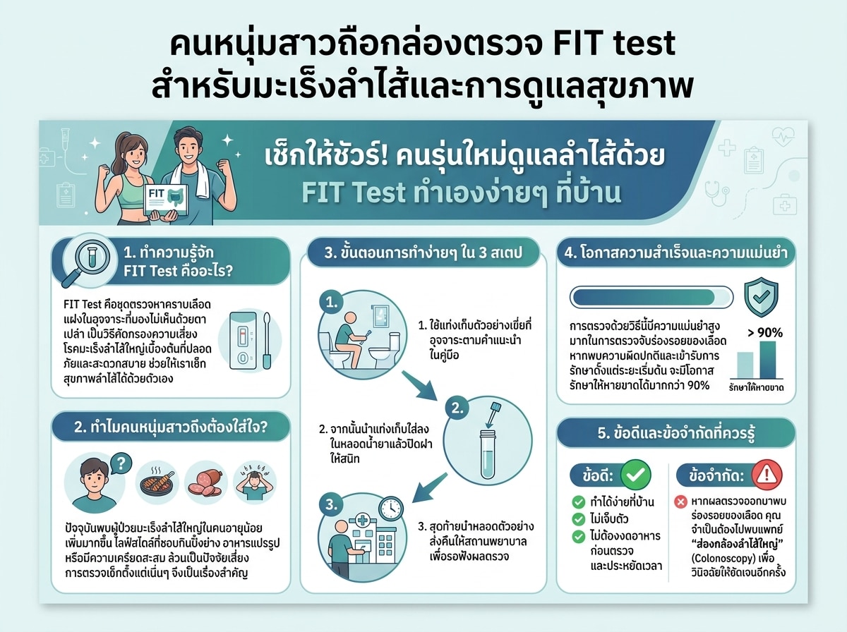 คนหนุ่มสาวถือกล่องตรวจ FIT test สำหรับมะเร็งลำไส้และการดูแลสุขภาพ