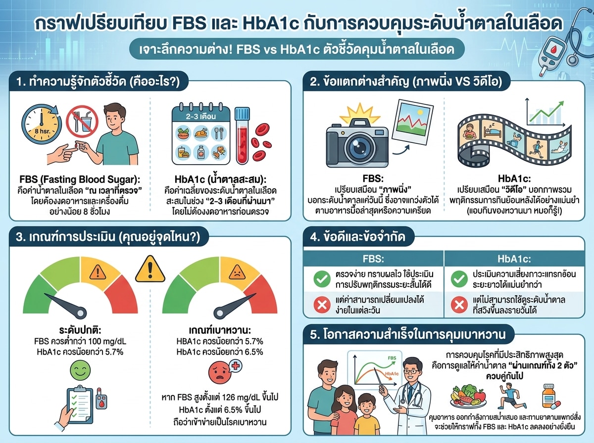 กราฟเปรียบเทียบ FBS และ HbA1c กับการควบคุมระดับน้ำตาลในเลือด