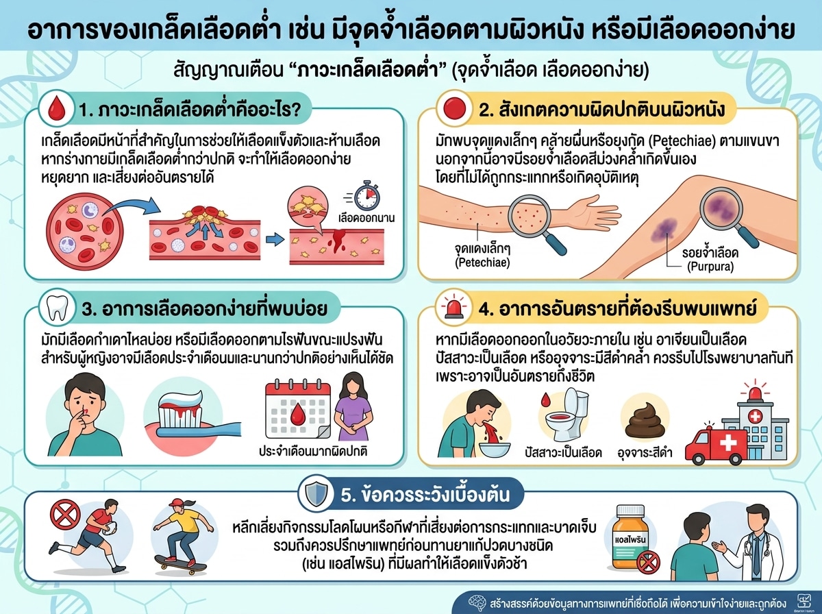 อาการของเกล็ดเลือดต่ำ เช่น มีจุดจ้ำเลือดตามผิวหนัง หรือมีเลือดออกง่าย