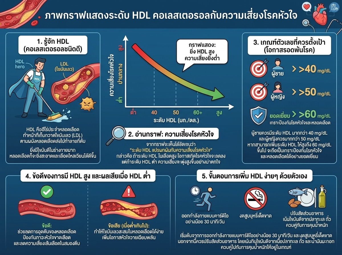 ภาพกราฟแสดงระดับ HDL คอเลสเตอรอลกับความเสี่ยงโรคหัวใจ