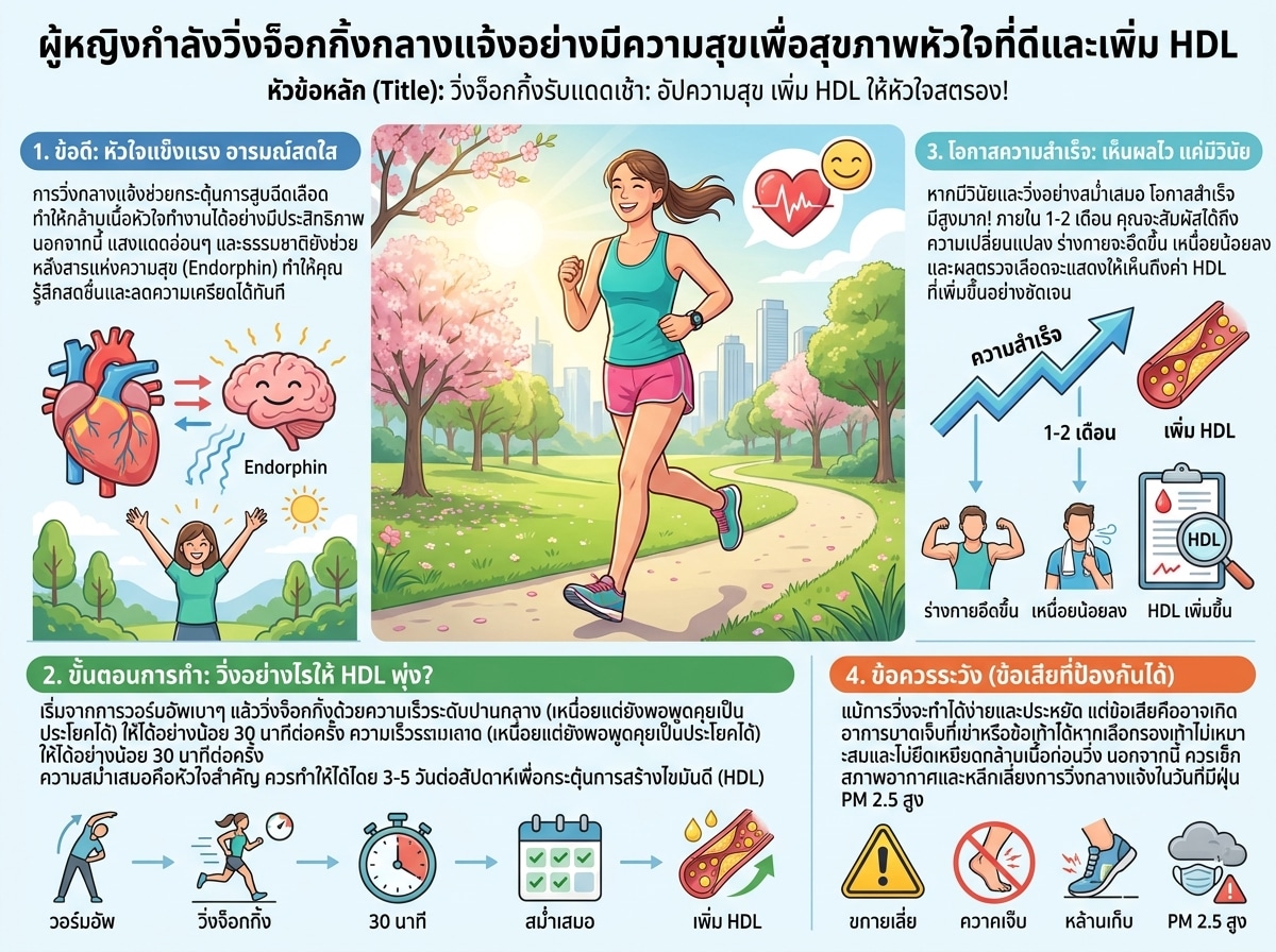 ผู้หญิงกำลังวิ่งจ็อกกิ้งกลางแจ้งอย่างมีความสุขเพื่อสุขภาพหัวใจที่ดีและเพิ่ม HDL