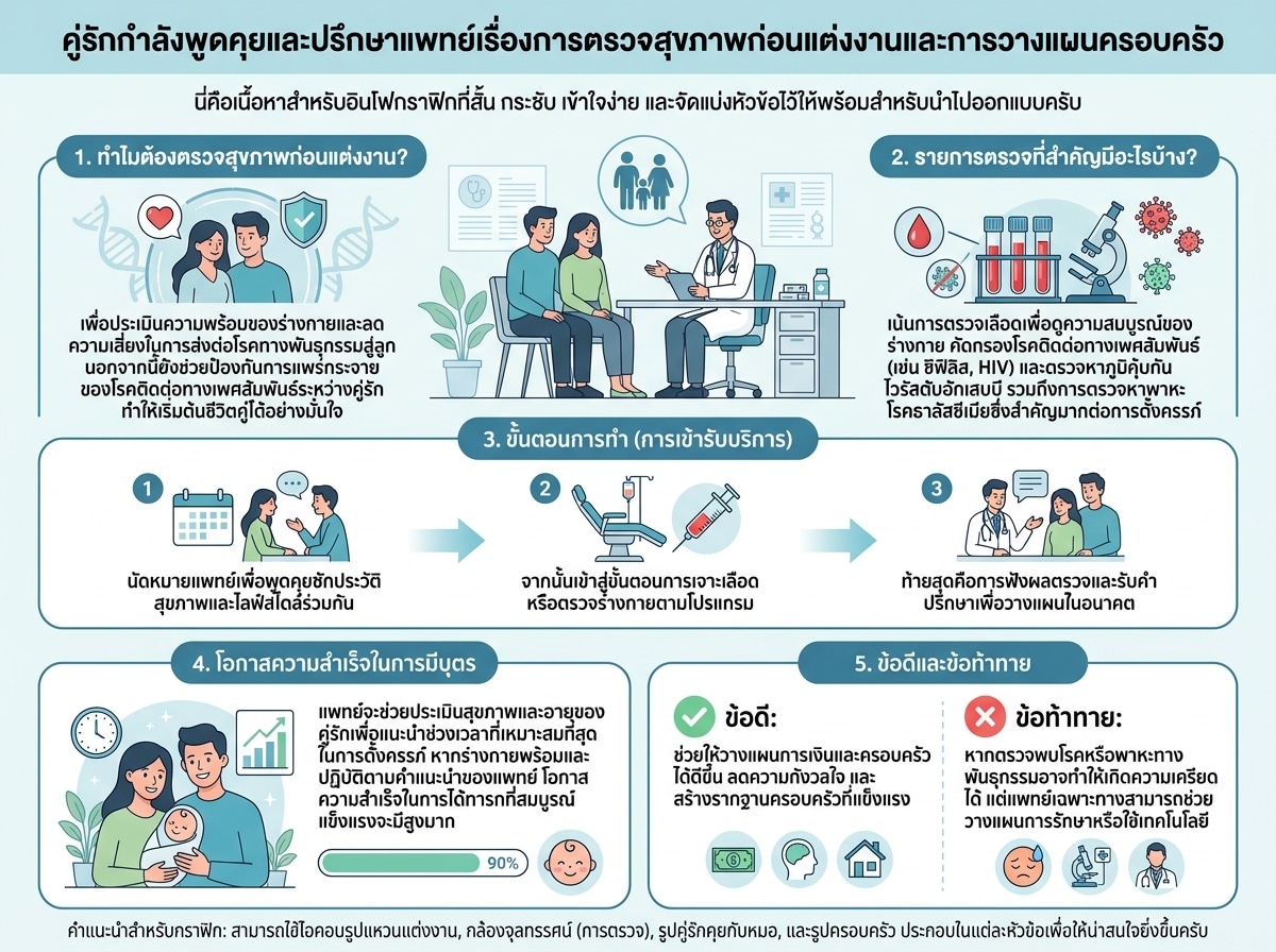 คู่รักกำลังพูดคุยและปรึกษาแพทย์เรื่องการตรวจสุขภาพก่อนแต่งงานและการวางแผนครอบครัว