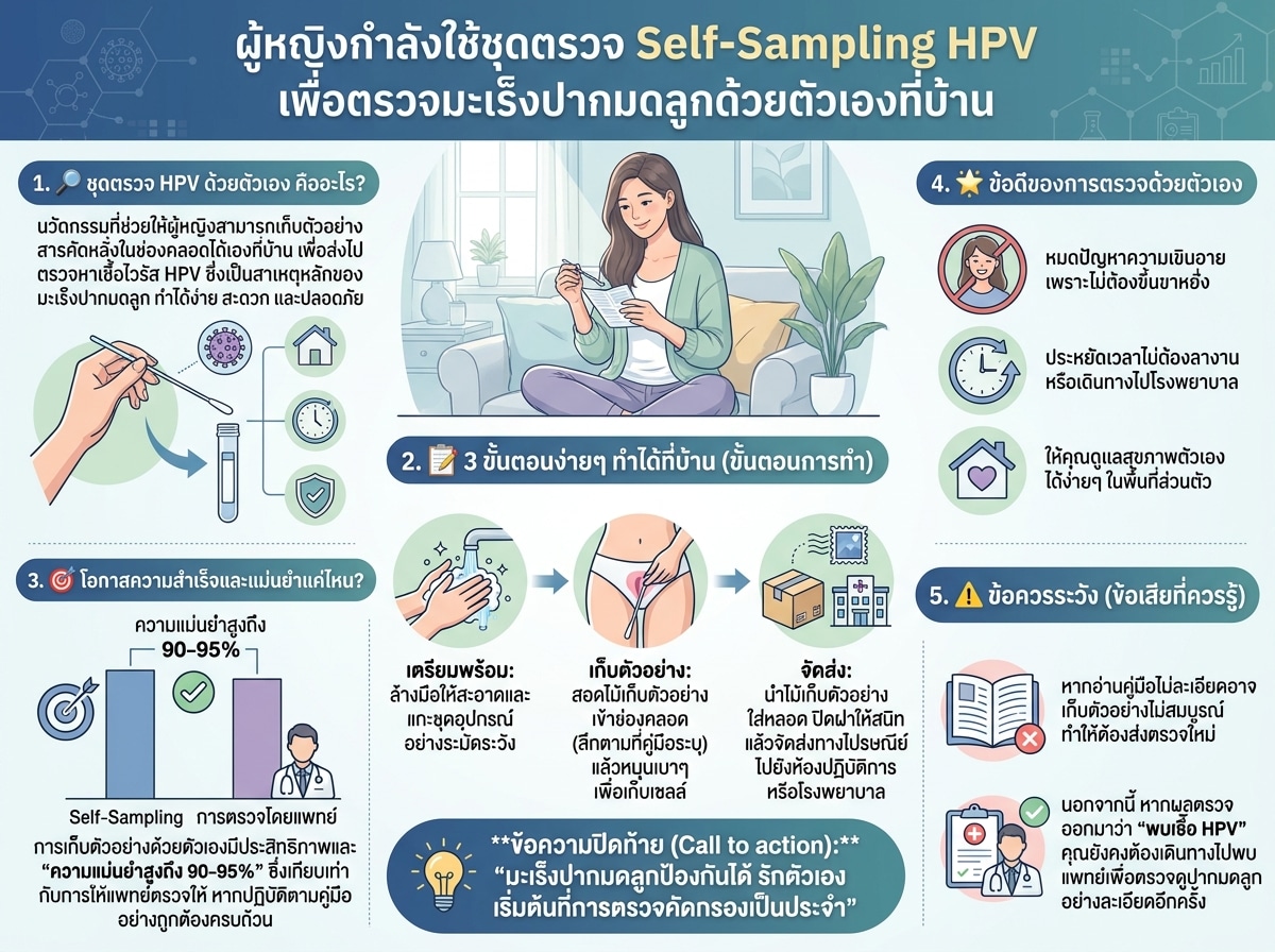 ผู้หญิงกำลังใช้ชุดตรวจ Self-Sampling HPV เพื่อตรวจมะเร็งปากมดลูกด้วยตัวเองที่บ้าน