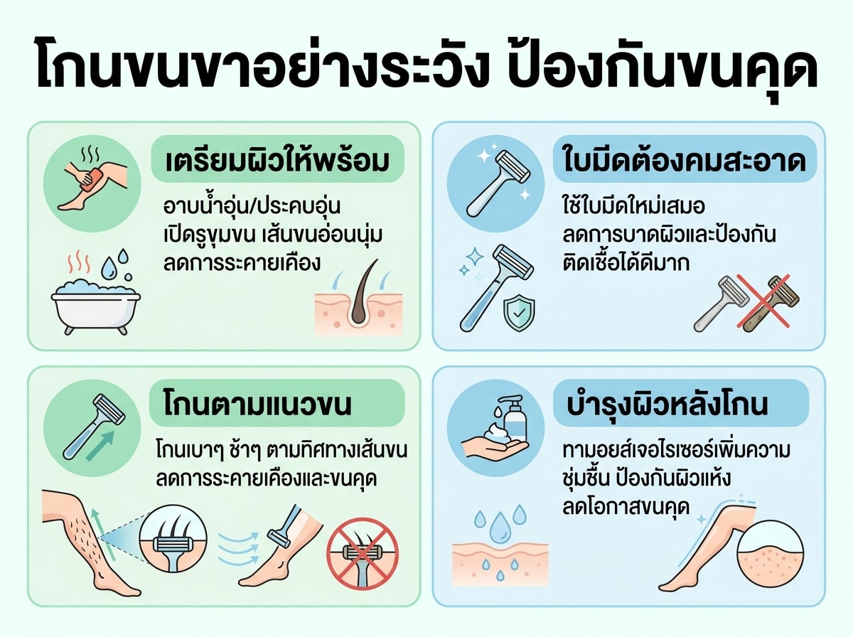 ผู้หญิงกำลังโกนขนขาอย่างระมัดระวัง เพื่อป้องกันขนคุด