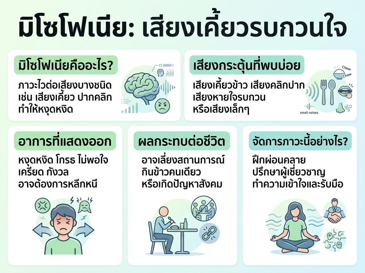 ผู้หญิงแสดงสีหน้าไม่พอใจขณะได้ยินเสียงเคี้ยวข้าวหรือเสียงคลิกปาก เป็นภาพประกอบสำหรับอาการ Misophonia