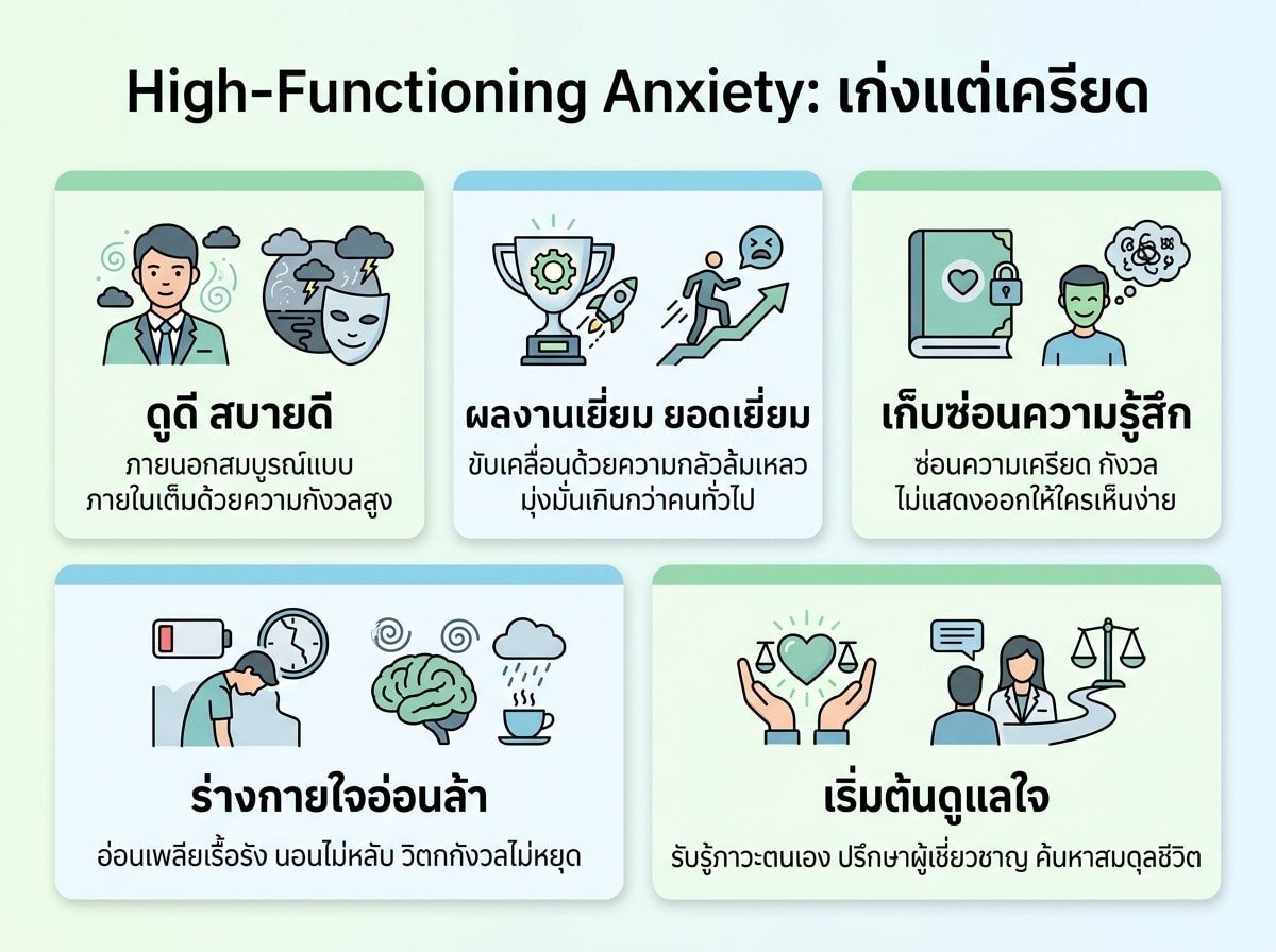ผู้หญิงนั่งทำงานบนโต๊ะที่เต็มไปด้วยเอกสารและแล็ปท็อป แต่สีหน้าเคร่งเครียดสะท้อนภาวะ High-Functioning Anxiety