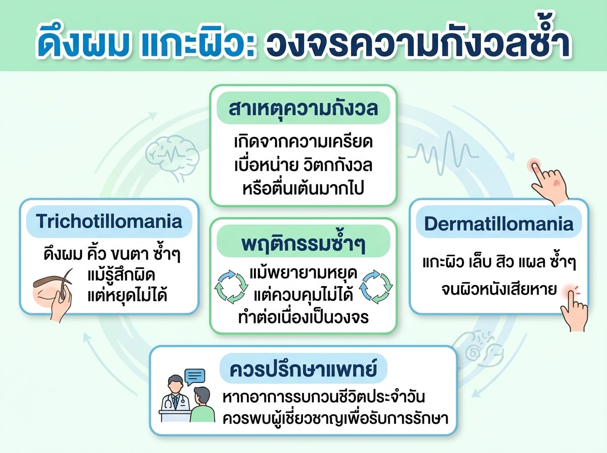 ผู้หญิงกำลังใช้มือสัมผัสผมและแกะผิว เป็นภาพเปรียบเทียบอาการ Trichotillomania และ Dermatillomania ที่แสดงถึงความกังวลและการทำซ้ำ