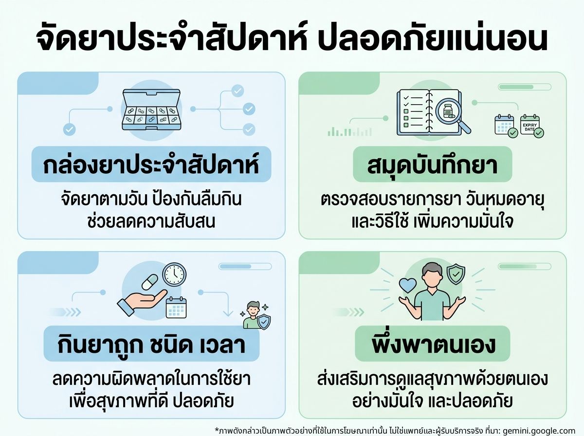 ผู้สูงอายุกำลังจัดยาลงในกล่องยาประจำสัปดาห์ พร้อมกับมีสมุดบันทึกรายการยาอยู่ข้างๆ เพื่อช่วยในการจัดการยาให้ถูกต้องและปลอดภัย