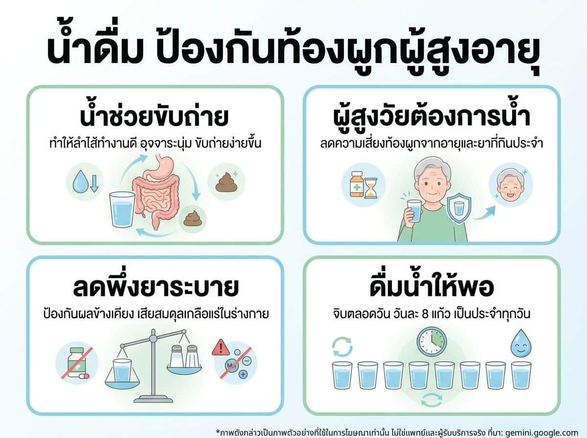 ผู้สูงอายุดื่มน้ำเพื่อป้องกันท้องผูกและผลข้างเคียงยาระบาย