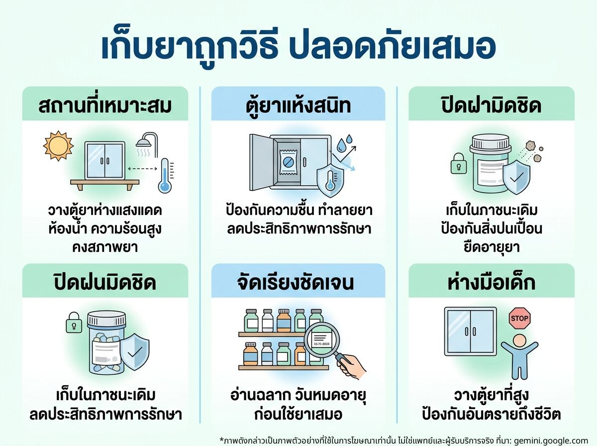 ภาพแสดงการเก็บยาในตู้เก็บยาที่มิดชิดและแห้ง