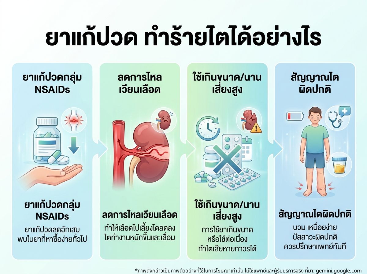 ภาพประกอบแสดงไตและผลกระทบจากยาแก้ปวด
