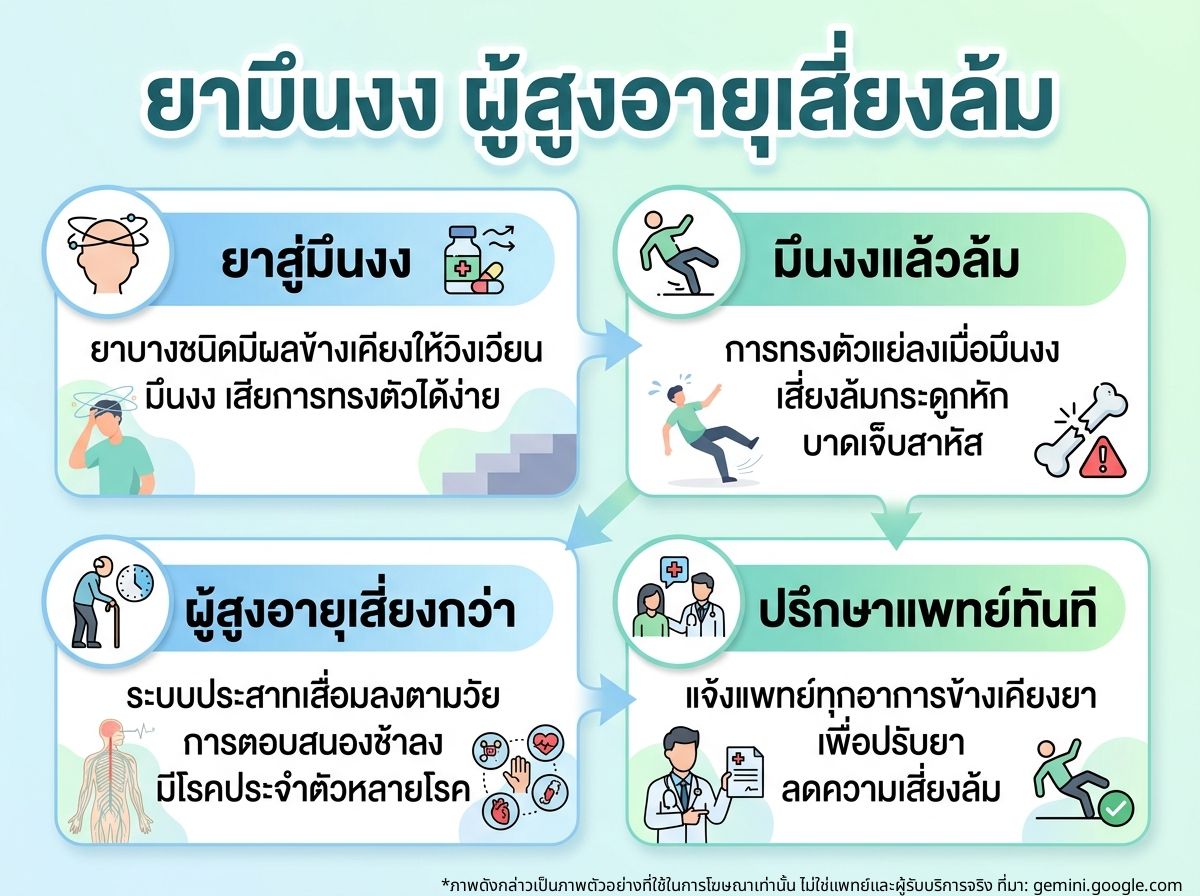 ผู้สูงอายุกำลังล้มจากอาการมึนงงจากยา