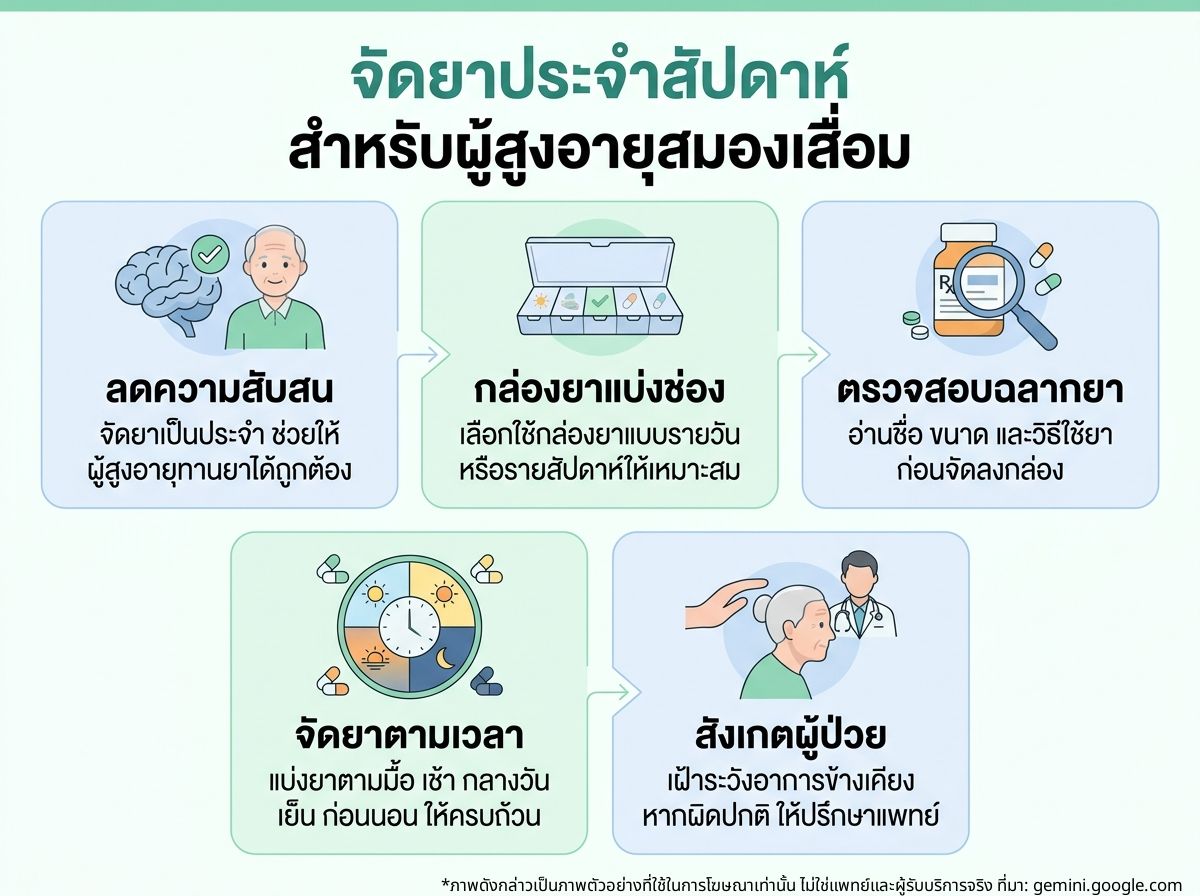 ผู้ดูแลกำลังจัดยาลงในกล่องยาประจำสัปดาห์สำหรับผู้สูงอายุที่มีภาวะสมองเสื่อม