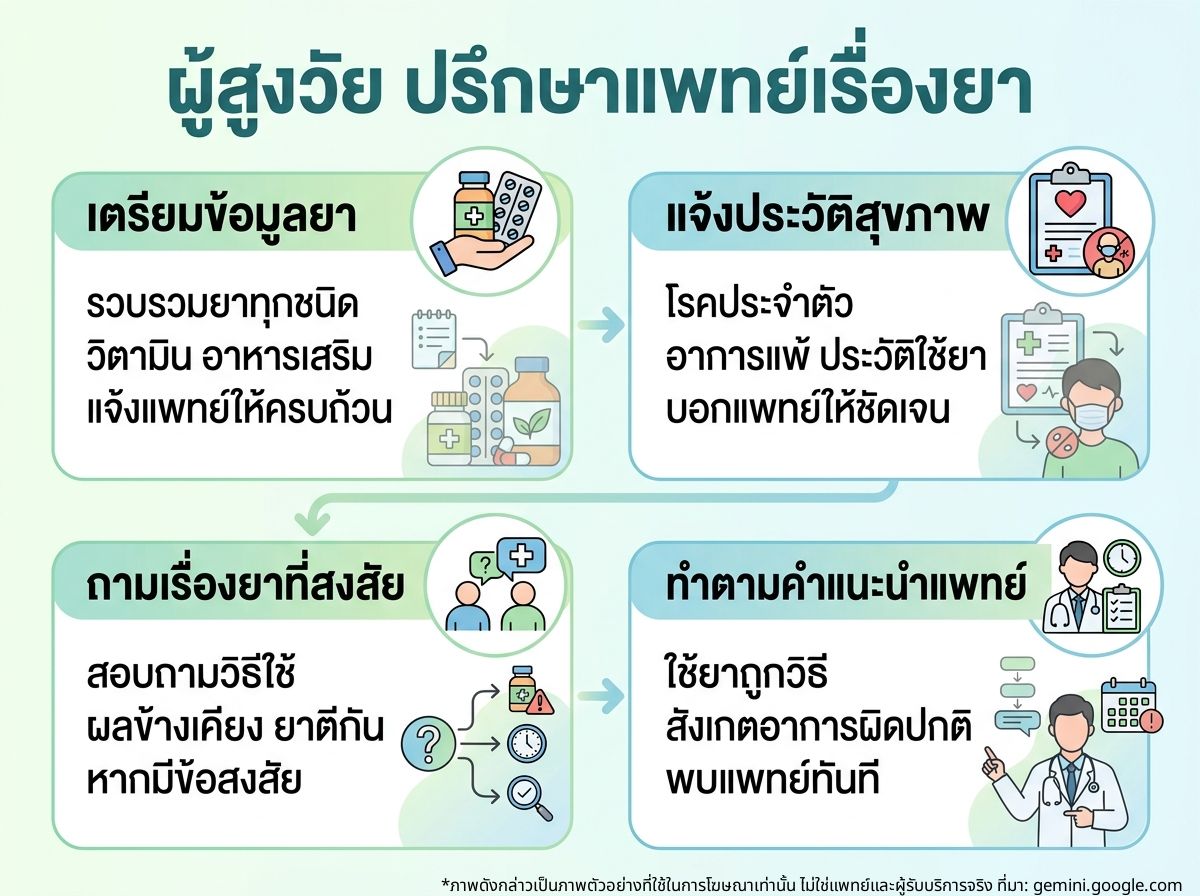 ผู้สูงอายุปรึกษาแพทย์เกี่ยวกับยา