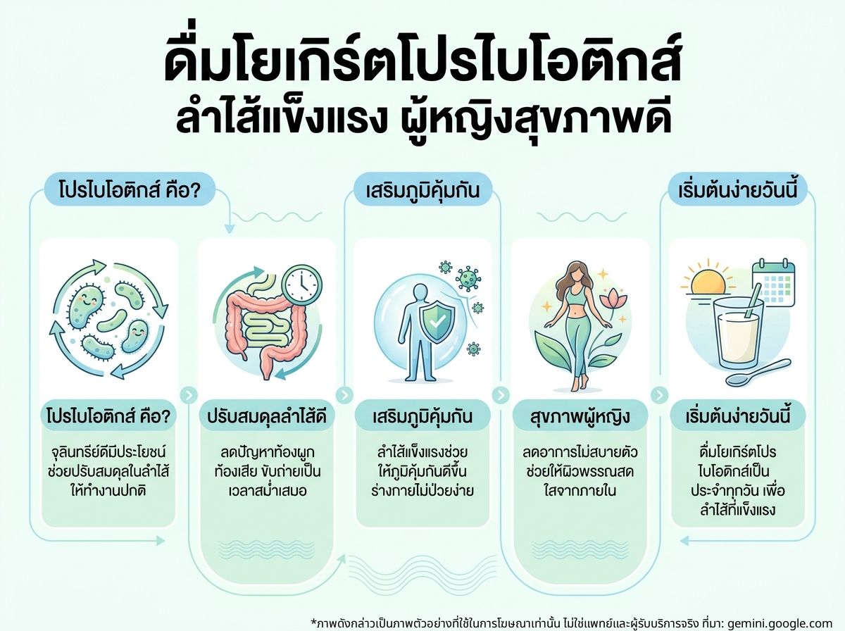 ผู้หญิงกำลังดื่มโยเกิร์ตที่มีโปรไบโอติกส์ เพื่อสุขภาพลำไส้ที่ดี