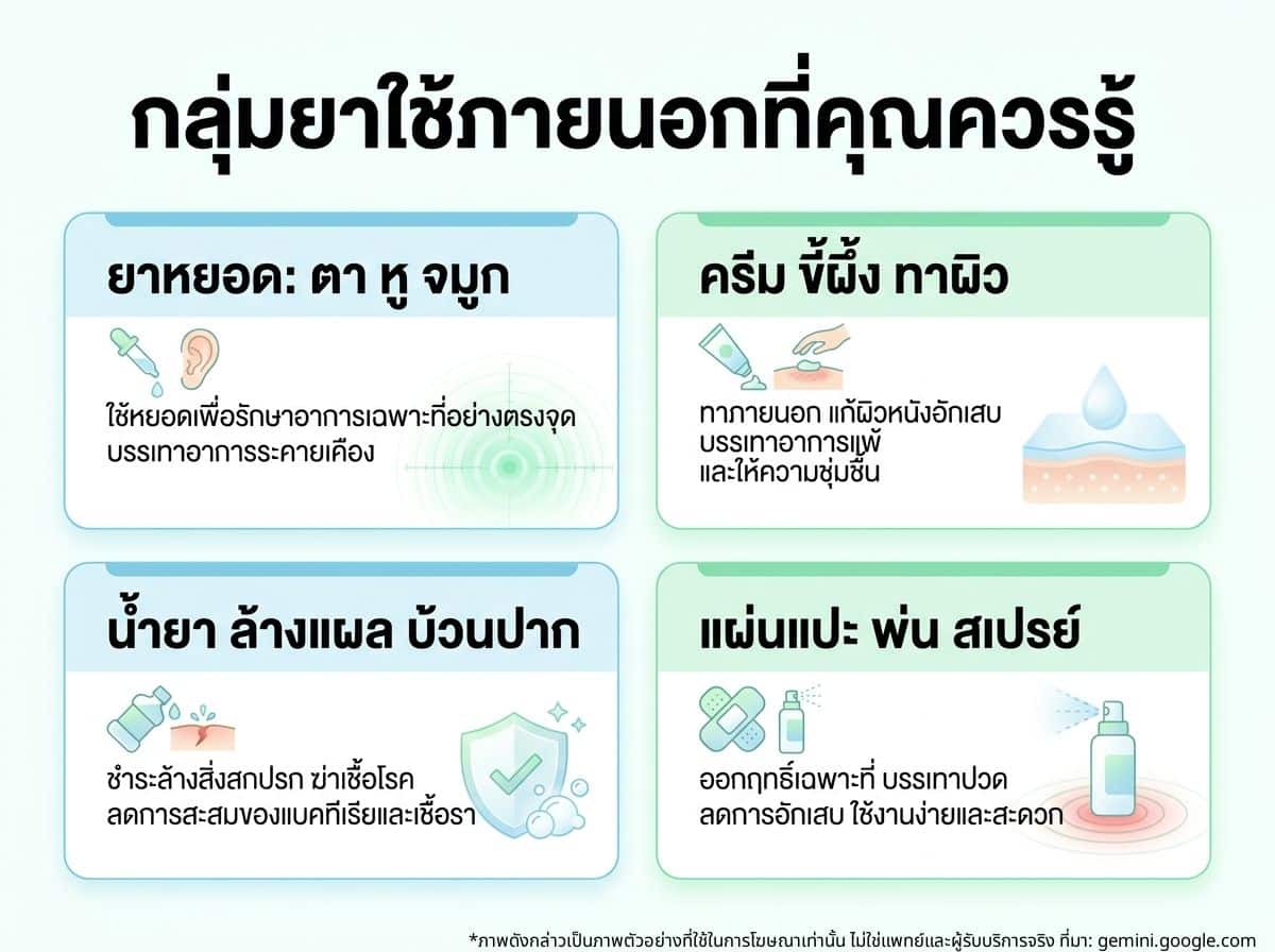 กลุ่มยาใช้ภายนอกประเภทต่างๆ เช่น ยาหยอดตา ครีมทาผิว และน้ำเกลือล้างแผล