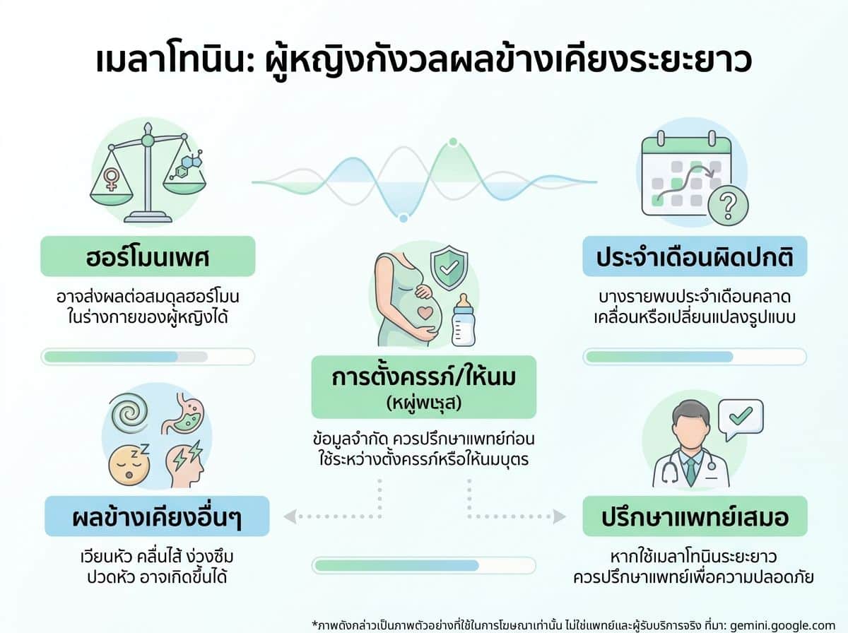 ผู้หญิงกำลังคิดถึงผลข้างเคียงของเมลาโทนินระยะยาว