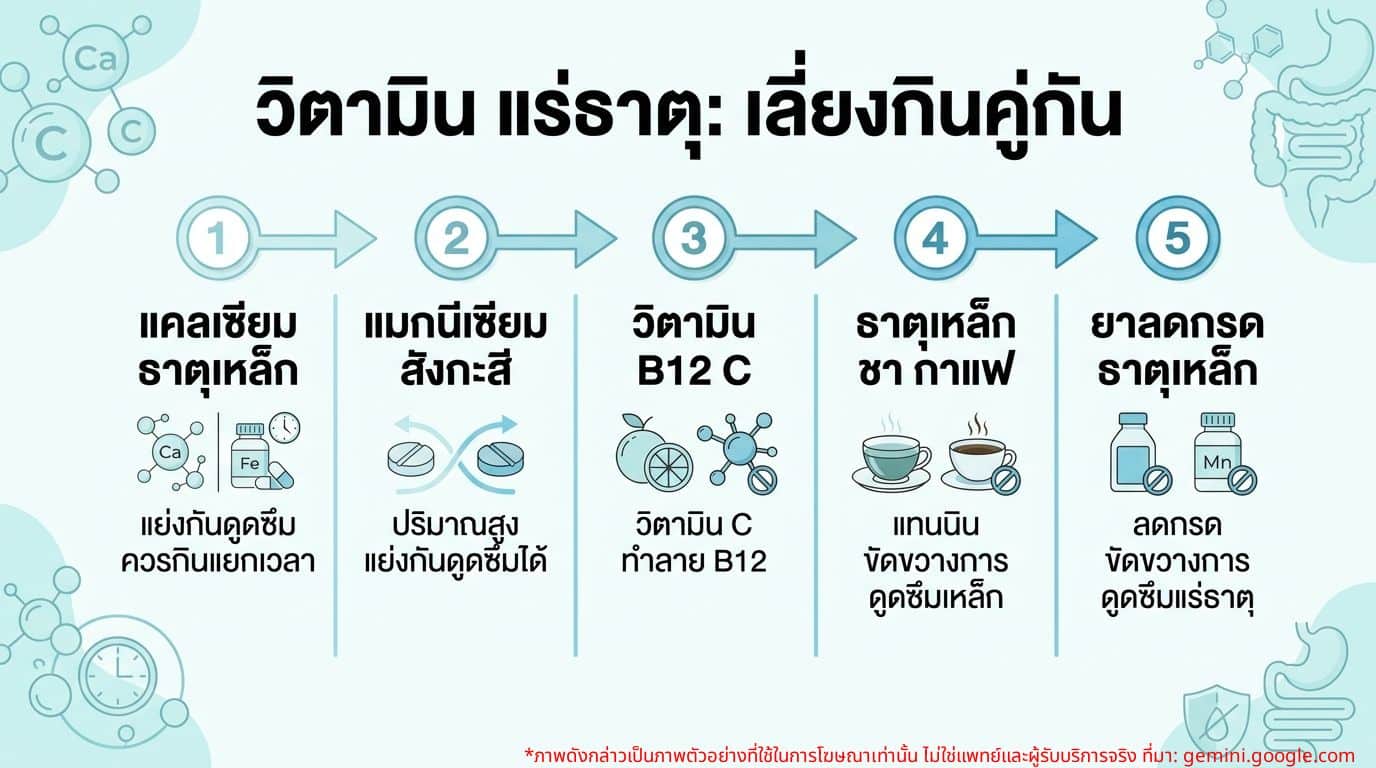 อินโฟกราฟิกแสดงวิตามินและแร่ธาตุที่ห้ามกินคู่กันและช่วงเวลาที่เหมาะสมในการกิน