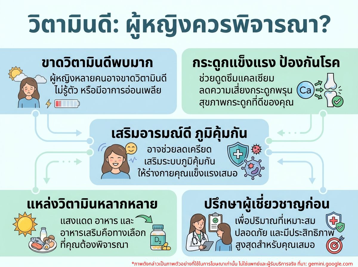 ผู้หญิงกำลังคิดถึงการรับประทานอาหารเสริมวิตามินดี