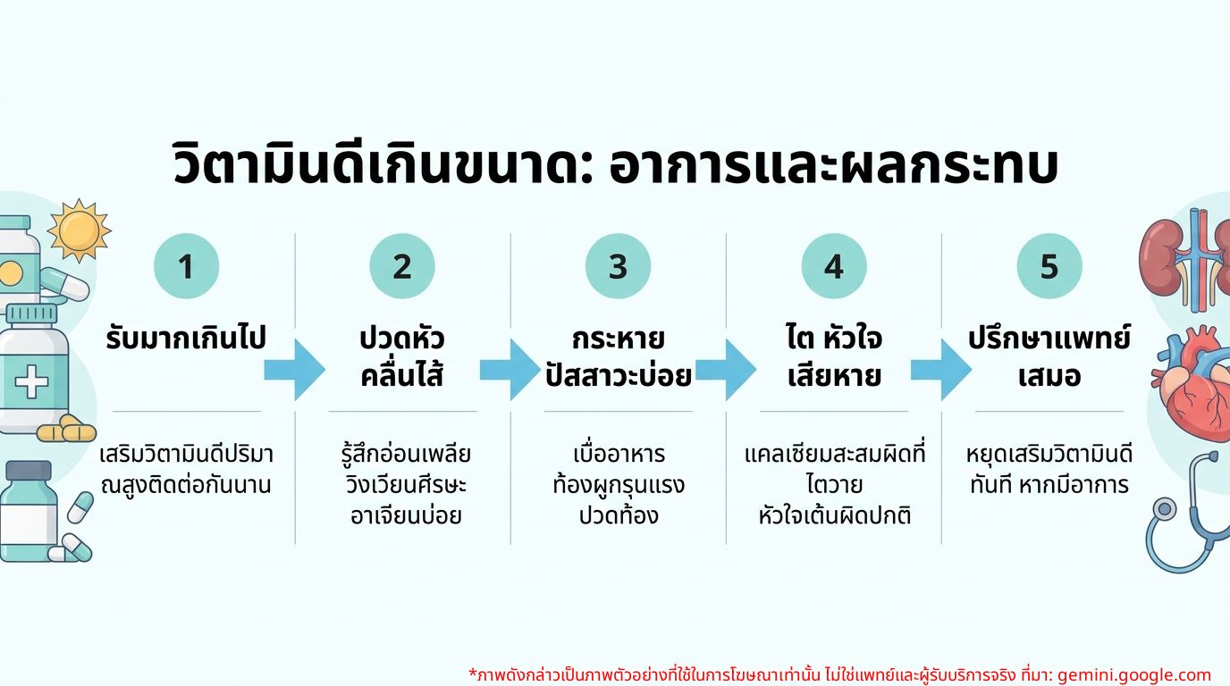 ภาพอินโฟกราฟิกแสดงอาการและผลกระทบของภาวะวิตามินดีเกินขนาด