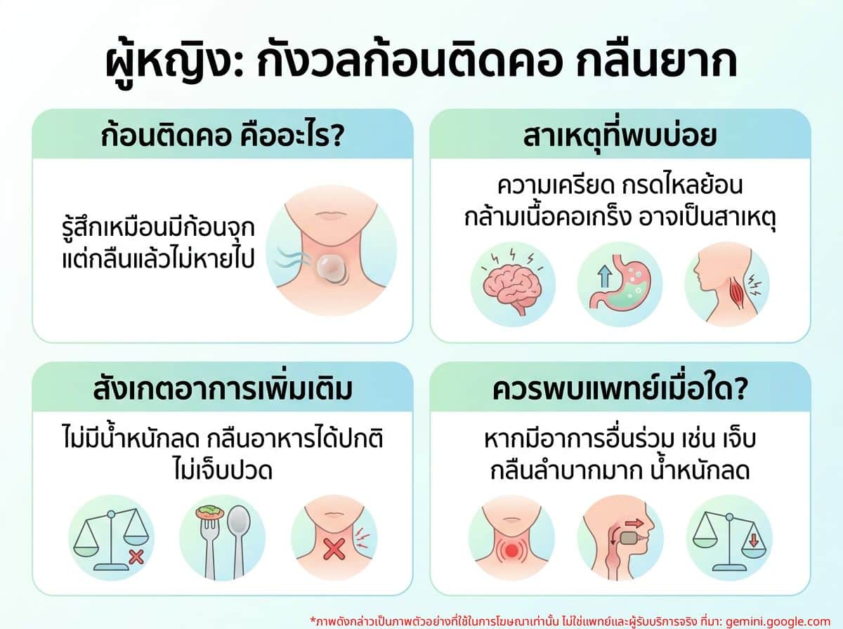 ผู้หญิงกังวลกับอาการกลืนน้ำลายยากเหมือนมีก้อนติดคอ