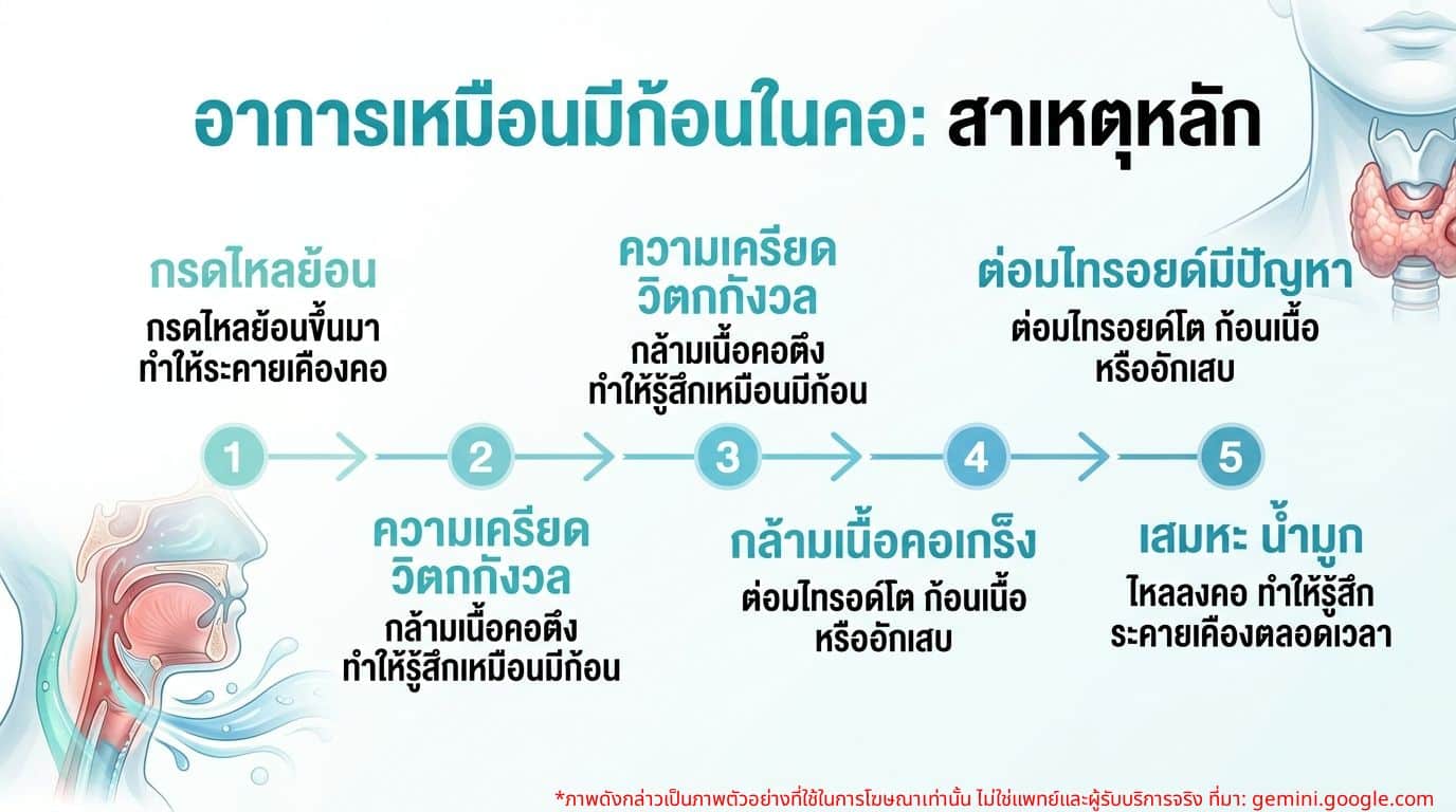 อินโฟกราฟิก: สาเหตุหลักของอาการกลืนน้ำลายยากเหมือนมีก้อนในคอ
