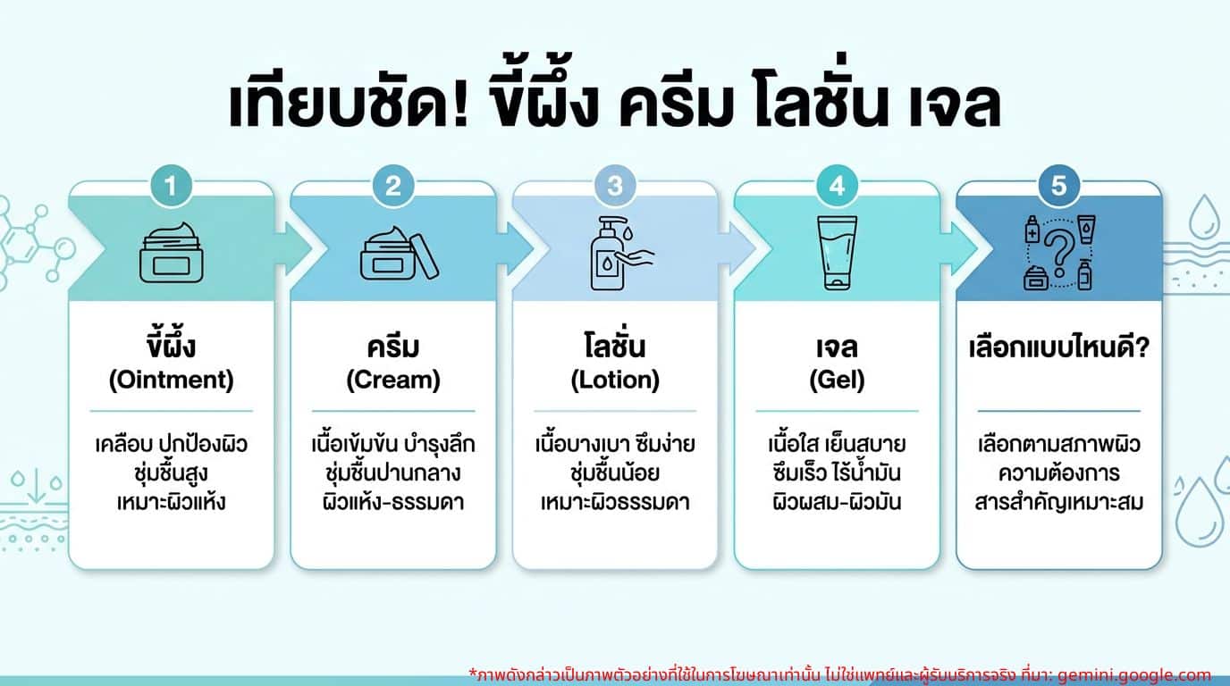 อินโฟกราฟิกเปรียบเทียบคุณสมบัติ ขี้ผึ้ง ครีม โลชั่น เจล