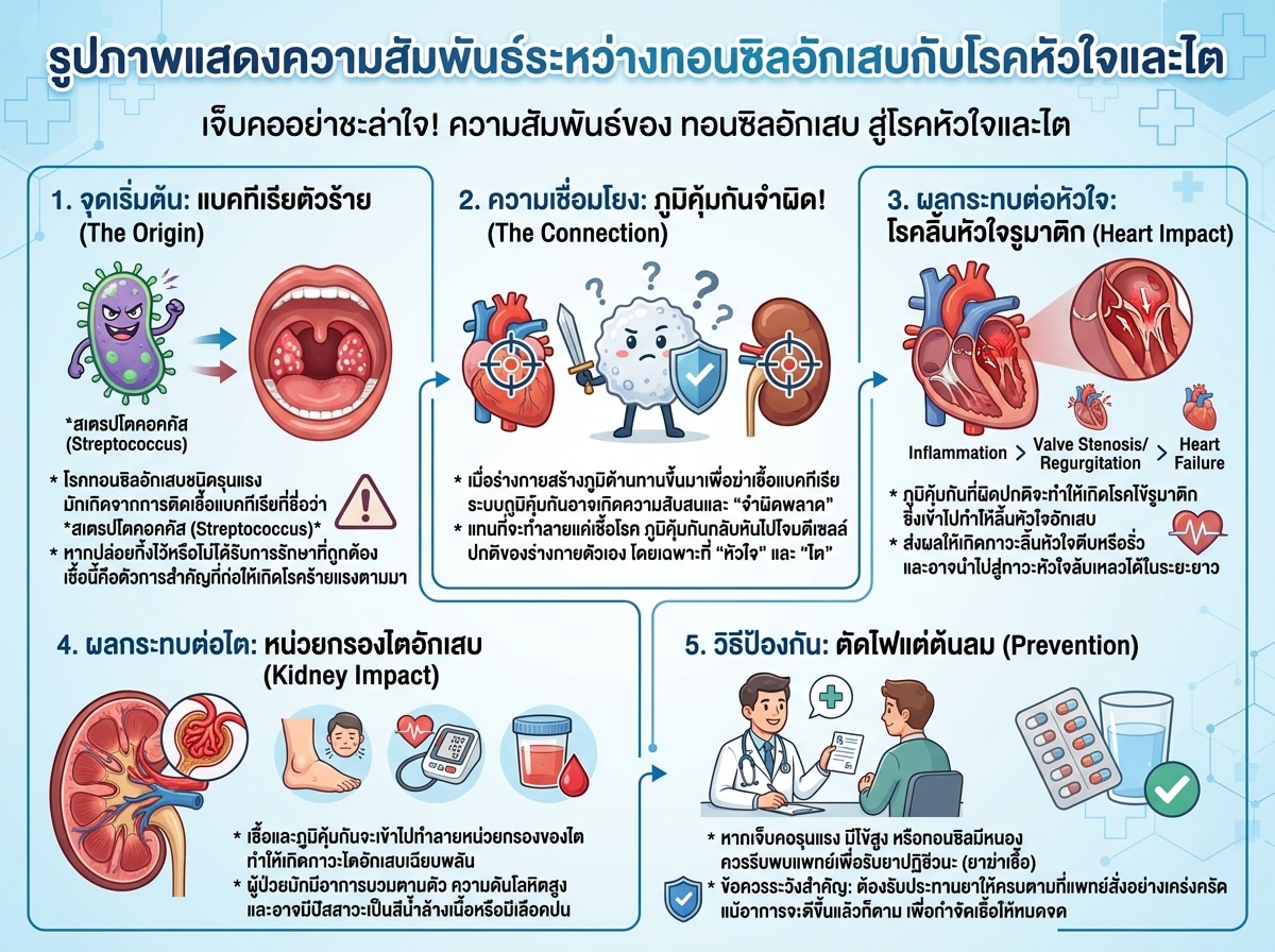 รูปภาพแสดงความสัมพันธ์ระหว่างทอนซิลอักเสบกับโรคหัวใจและไต