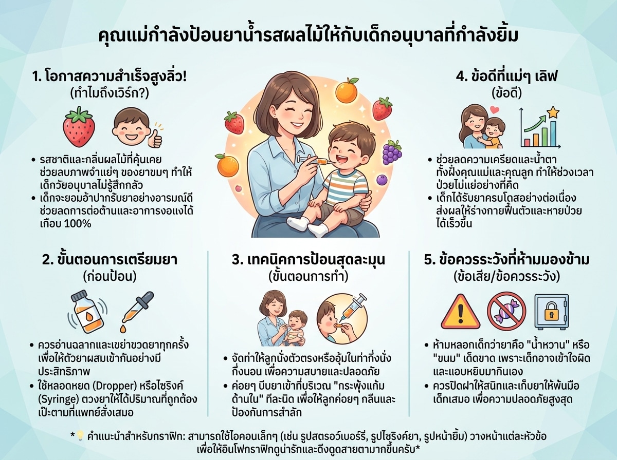 คุณแม่กำลังป้อนยาน้ำรสผลไม้ให้กับเด็กอนุบาลที่กำลังยิ้ม