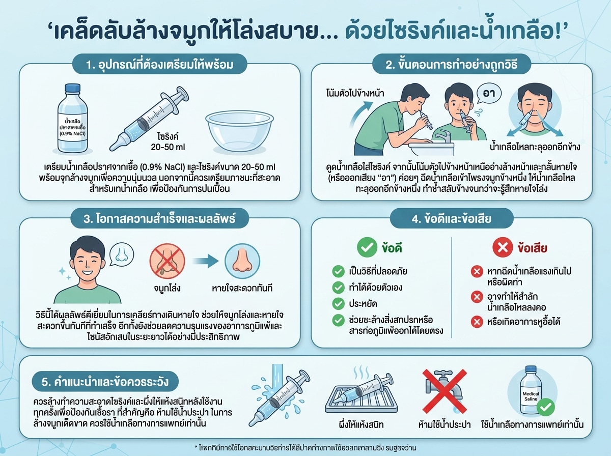 ภาพอุปกรณ์ล้างจมูกพร้อมน้ำเกลือและไซริงค์สำหรับวิธีล้างไซนัสอย่างถูกวิธี