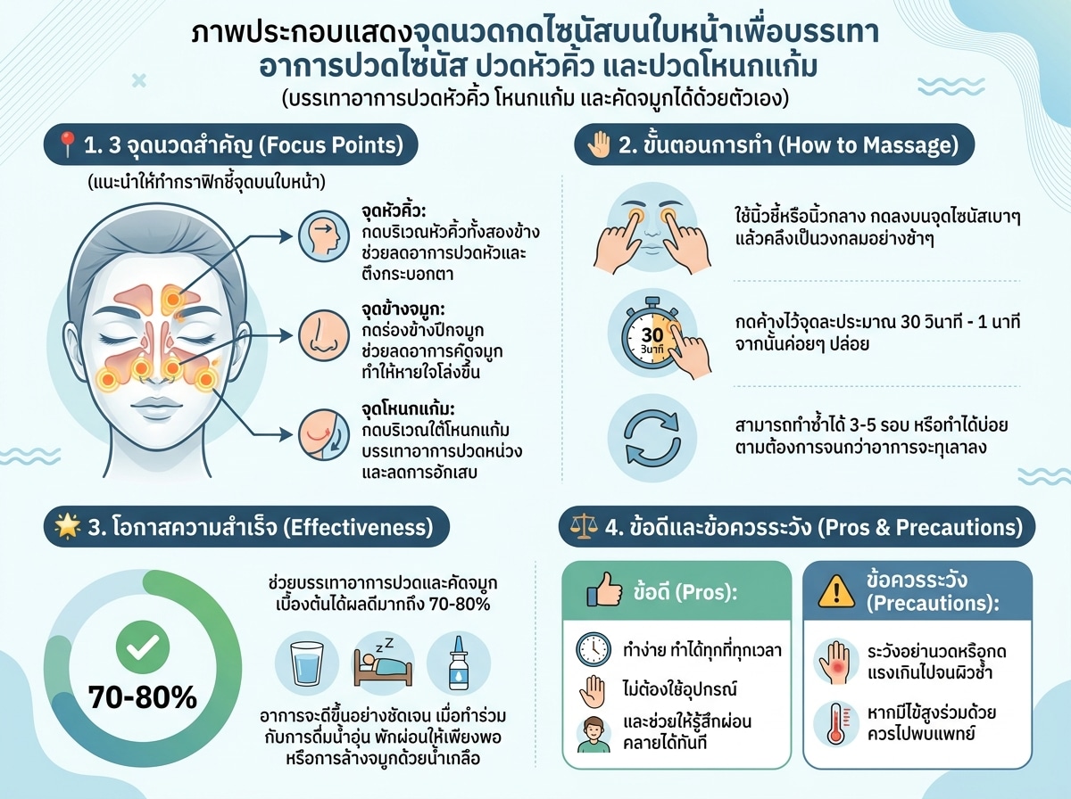 ภาพประกอบแสดงจุดนวดกดไซนัสบนใบหน้าเพื่อบรรเทาอาการปวดไซนัส ปวดหัวคิ้ว และปวดโหนกแก้ม