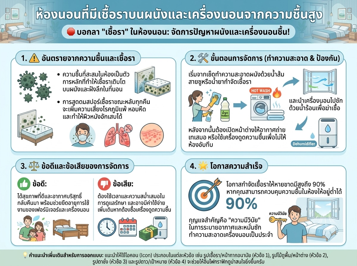ห้องนอนที่มีเชื้อราบนผนังและเครื่องนอนจากความชื้นสูง